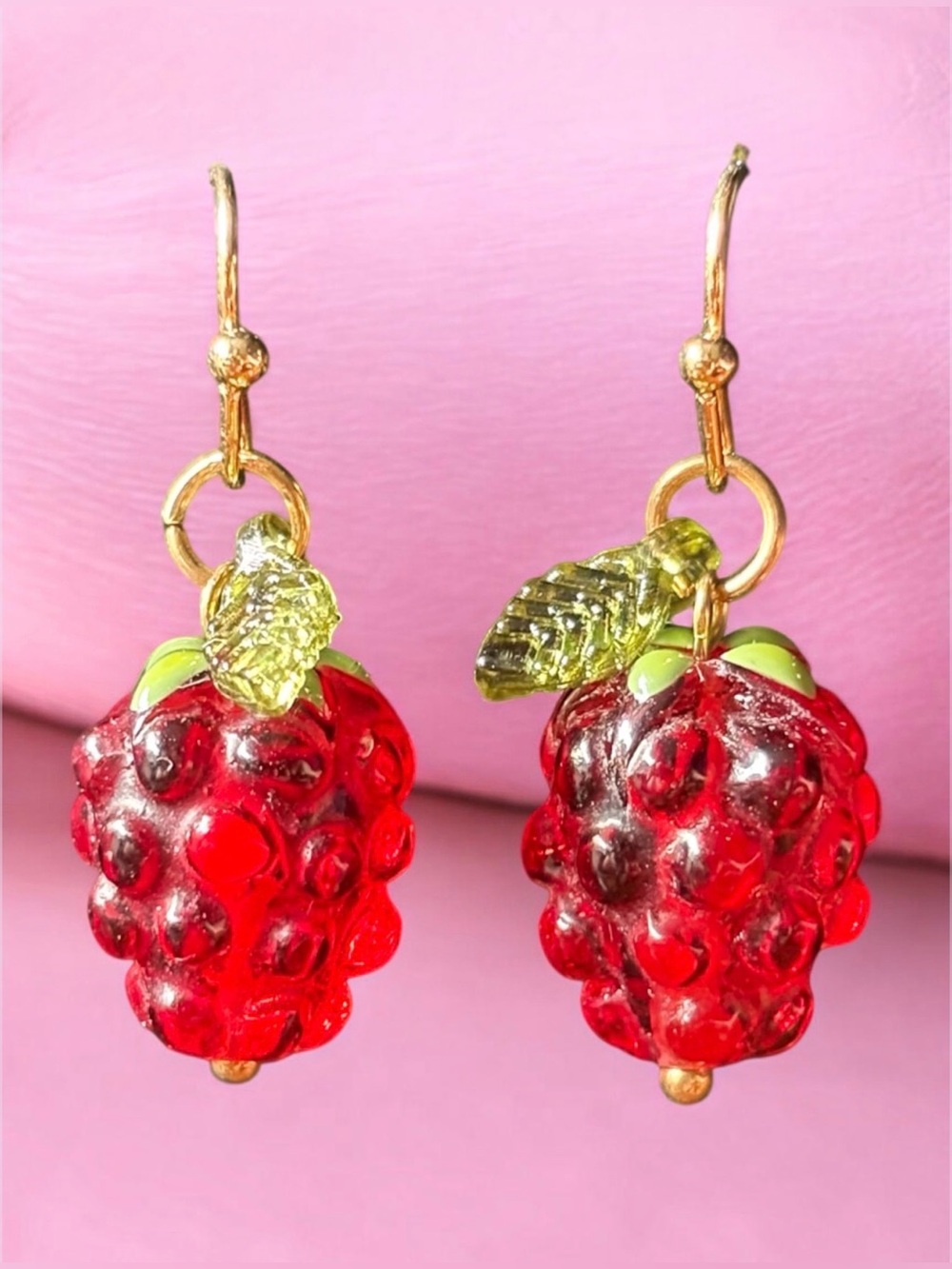 Red Raspberry Drop Earrings | Green Leaf Accent | Gold Tone Hooks